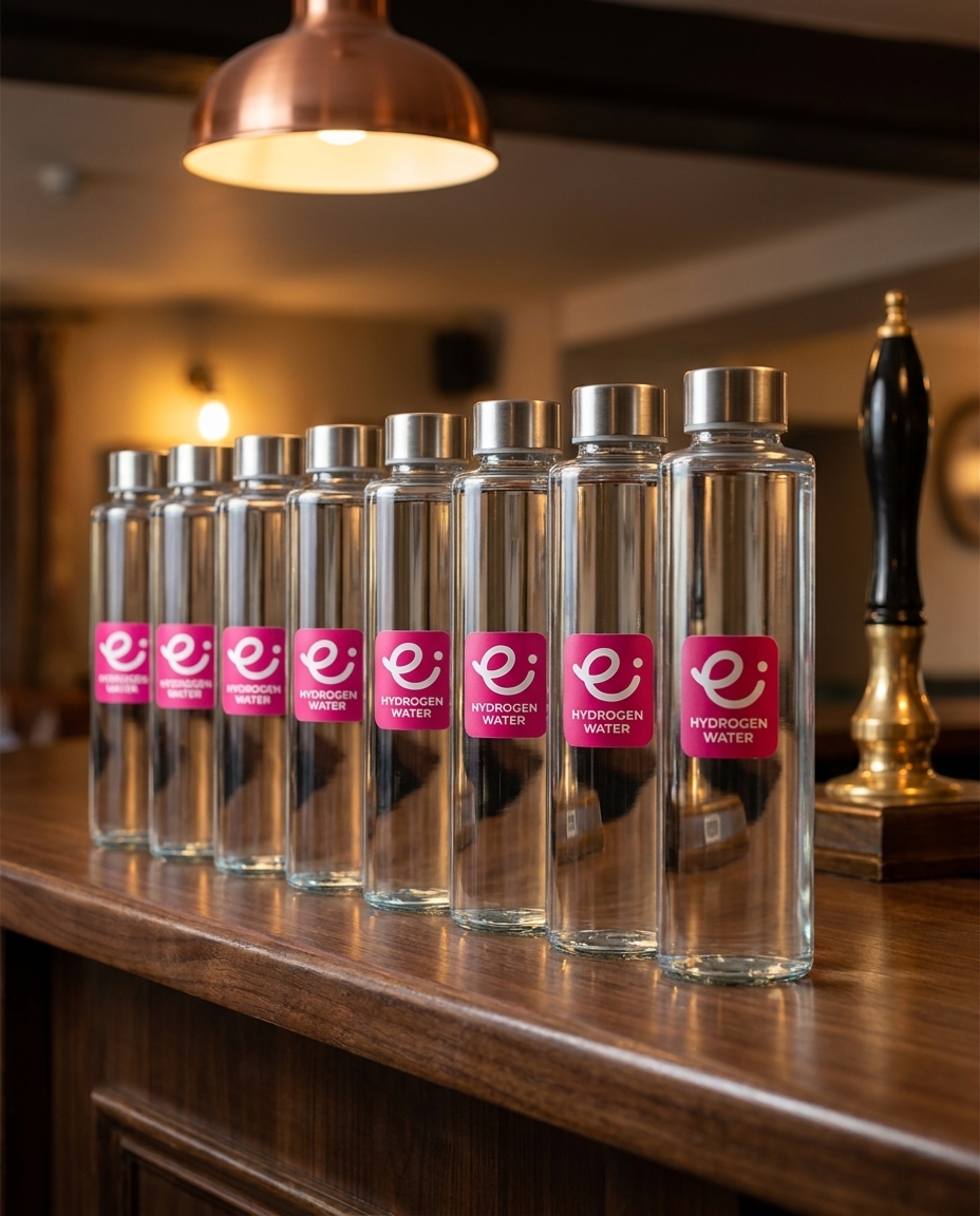 Everflow bottle behind the bar · hydrogen water